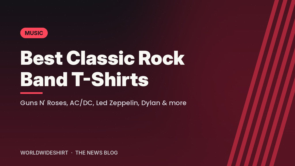 Best classic rock band t-shirts banner featuring Guns N' Roses, AC/DC, Led Zeppelin and Bob Dylan picks
