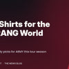 Typographic banner reading BTS Shirts for the ARIRANG World Tour on a dark red background