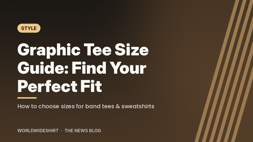 Typographic banner reading Graphic Tee Size Guide: Find Your Perfect Fit on a warm brown background