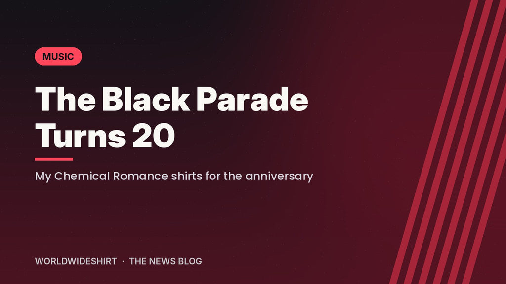 Typographic banner reading The Black Parade Turns 20 with the subtitle My Chemical Romance shirts for the anniversary
