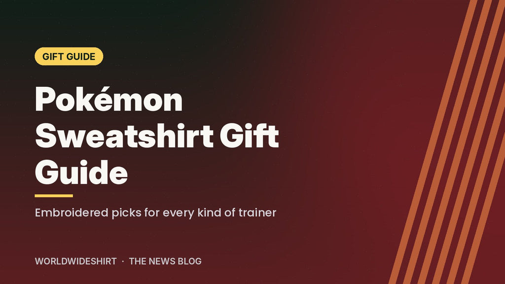 Typographic banner reading Pokémon Sweatshirt Gift Guide with the subtitle embroidered picks for every kind of trainer