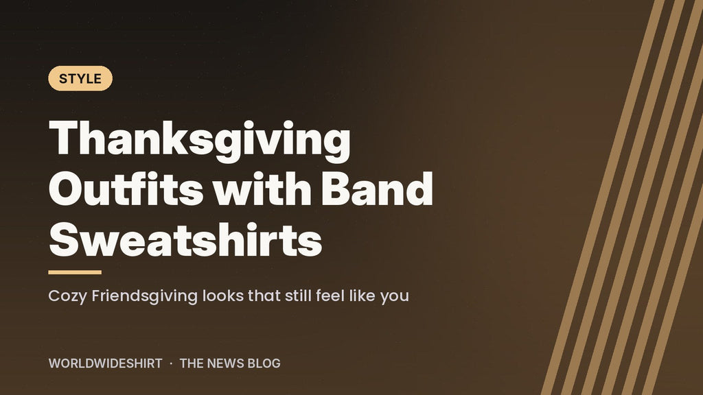 Typographic banner reading Thanksgiving Outfits with Band Sweatshirts on a warm brown background