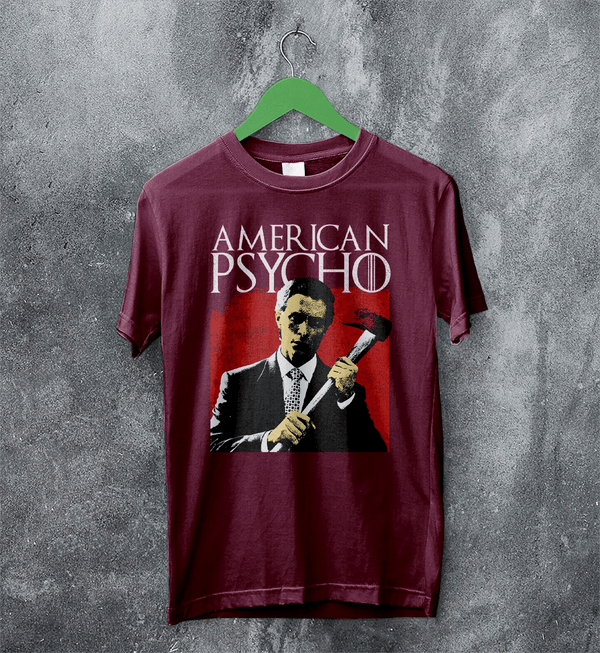 American Psycho T-Shirt Patrick Bateman Holding Axe Shirt Psycho Movie Tee - Red Maroon - WorldWideShirt