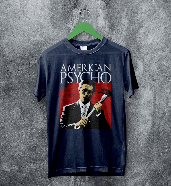 American Psycho T-Shirt Patrick Bateman Holding Axe Shirt Psycho Movie Tee - Navy Blue - WorldWideShirt