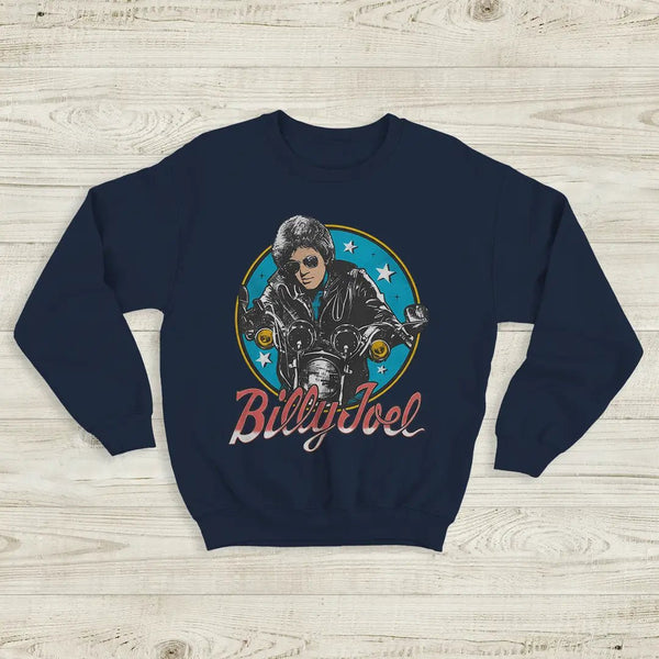 Billy Joel Retro Biker Sweatshirt 80s Rock Legend Crewneck Motorcycle Billy Joel Shirt - Navy Blue - WorldWideShirt