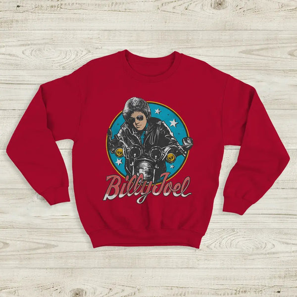 Billy Joel Retro Biker Sweatshirt 80s Rock Legend Crewneck Motorcycle Billy Joel Shirt - Red - WorldWideShirt