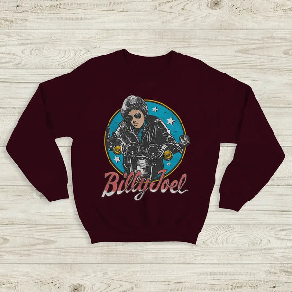 Billy Joel Retro Biker Sweatshirt 80s Rock Legend Crewneck Motorcycle Billy Joel Shirt - Red Maroon - WorldWideShirt
