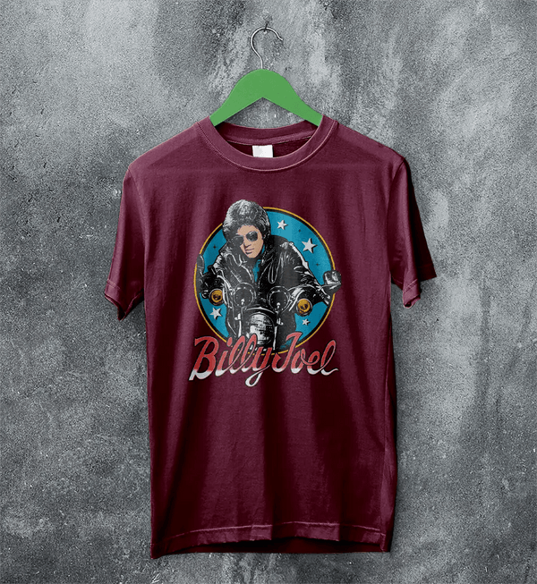 Billy Joel Retro Biker T-Shirt 80s Rock Legend Tee Motorcycle Billy Joel Shirt - Red Maroon - WorldWideShirt