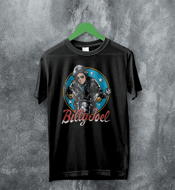 Billy Joel Retro Biker T-Shirt 80s Rock Legend Tee Motorcycle Billy Joel Shirt - Black - WorldWideShirt