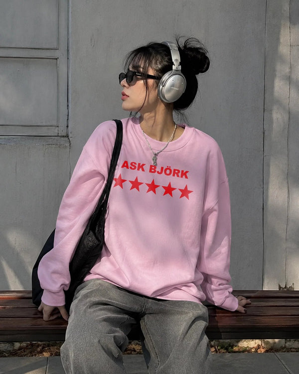 Bjork Sweatshirt Ask Bjork Greatest Hits Graphic Shirt Pop Star Bjork Crewneck - Light Pink - WorldWideShirt