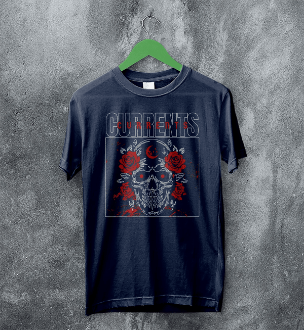 Currents T-Shirt Metalcore Currents Band Shirt Punk Skull Rose Tee - Navy Blue - WorldWideShirt