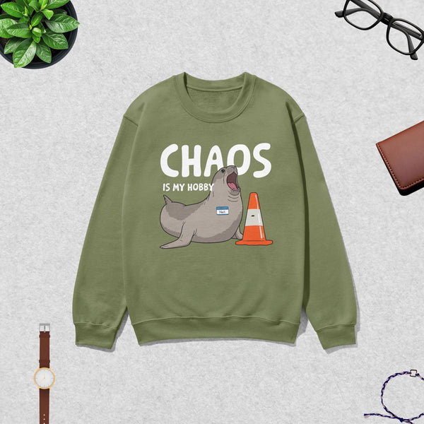 Neil The Seal Sweatshirt Chaos is My Hobby Shirt Neil The Seal Viral Animal Crewneck - Millitary - WorldWideShirt