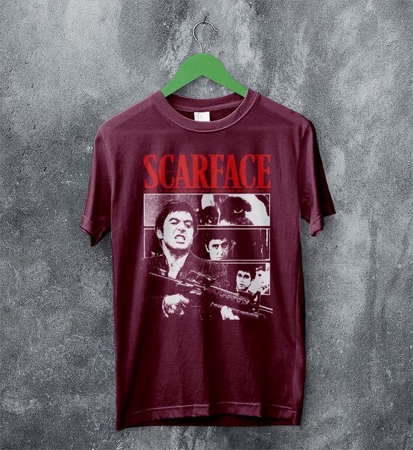 Scarface Tony Montana T-Shirt Gangster Scarface Shirt Crime Movie Tee - Red Maroon - WorldWideShirt