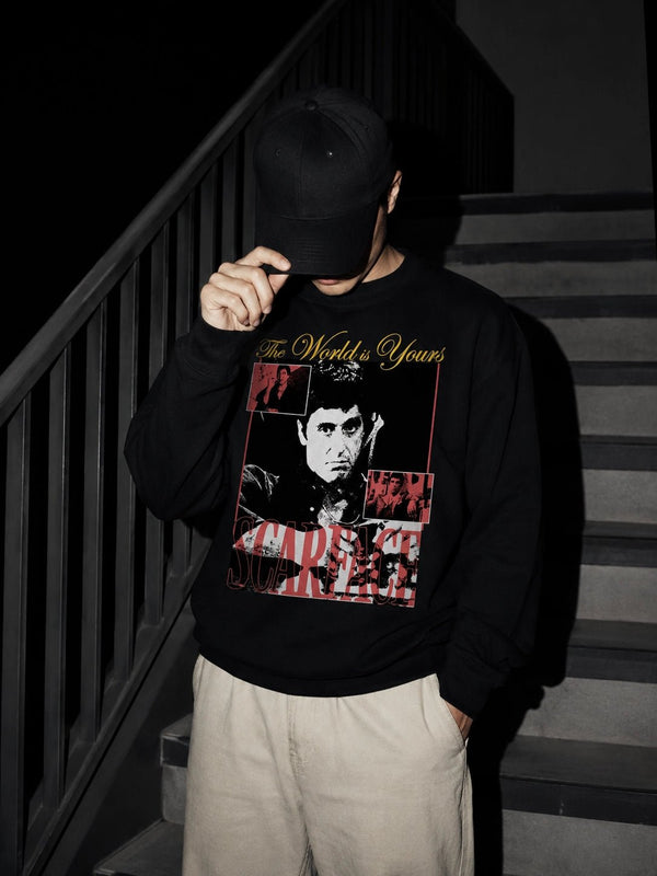 Scarface World Is Yours Sweatshirt Vintage Movie Scarface Shirt Crime Gangster Crewneck - Black - WorldWideShirt