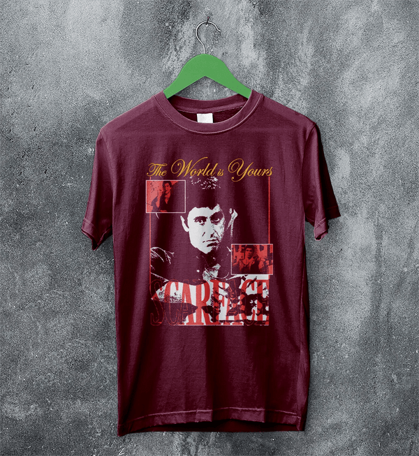 Scarface World Is Yours T-Shirt Vintage Movie Scarface Shirt Crime Gangster Tee - Red Maroon - WorldWideShirt