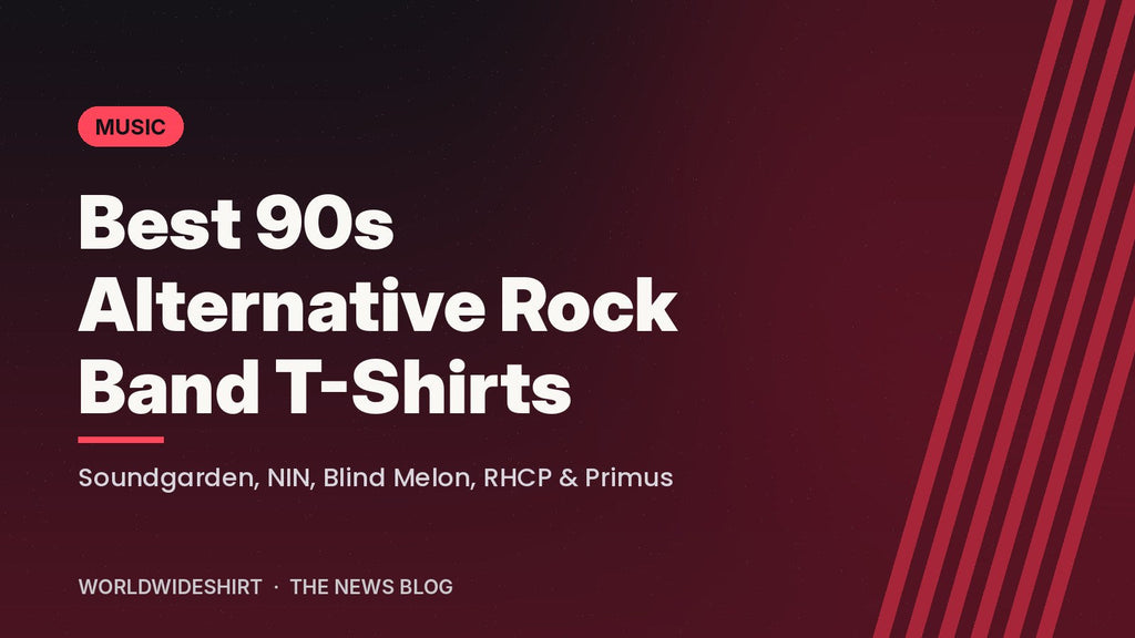 Typographic banner reading Best 90s Alternative Rock Band T-Shirts - Soundgarden, NIN, Blind Melon, RHCP and Primus