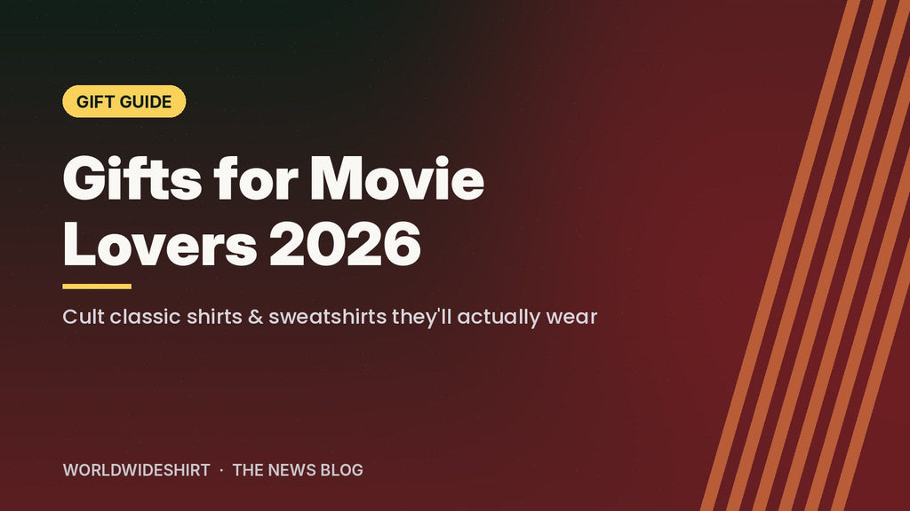 Gifts for movie lovers 2026 banner: cult classic movie shirts and sweatshirts gift guide