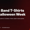 Dark red typographic banner reading Goth Band T-Shirts for Halloween Week