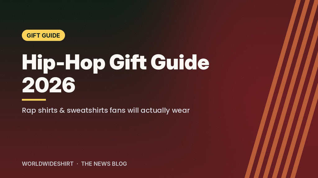 Typographic banner reading Hip-Hop Gift Guide 2026 on a deep green and red holiday background