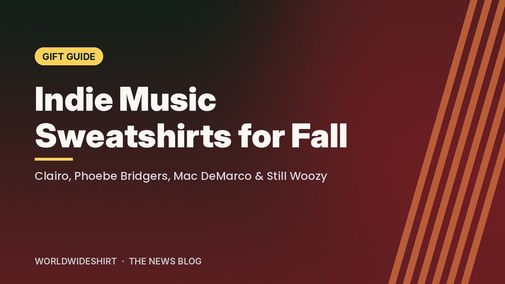 Gift guide banner reading Indie Music Sweatshirts for Fall - Clairo, Phoebe Bridgers, Mac DeMarco and Still Woozy