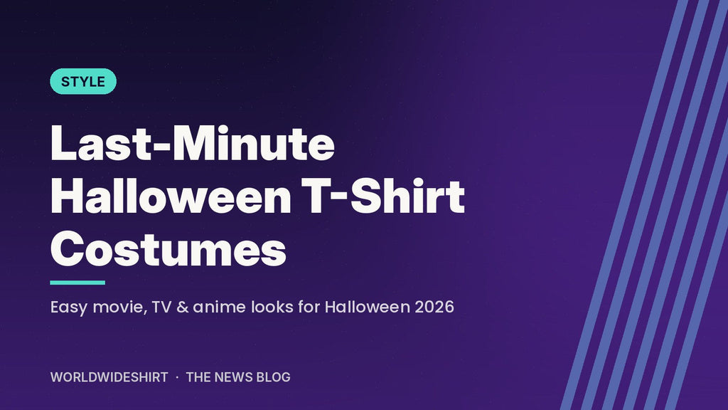 Typographic banner reading Last-Minute Halloween T-Shirt Costumes - easy movie, TV and anime looks for Halloween 2026