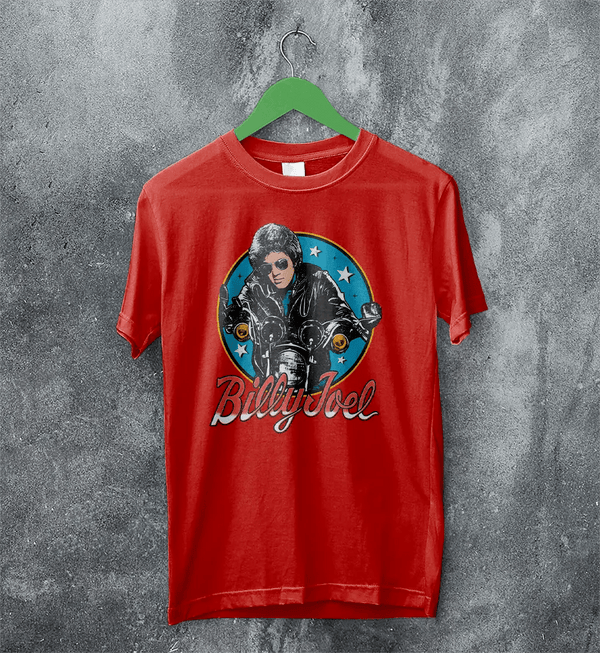 Billy Joel Retro Biker T-Shirt 80s Rock Legend Tee Motorcycle Billy Joel Shirt - Red - WorldWideShirt