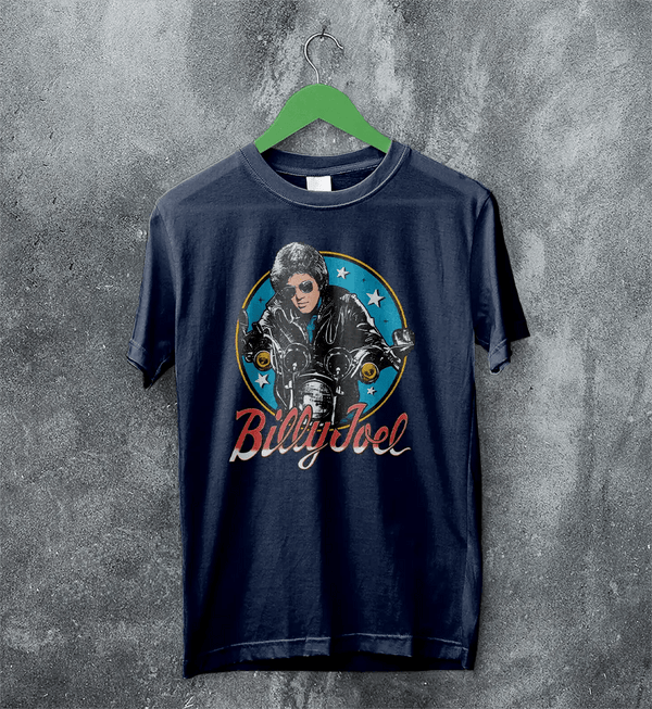 Billy Joel Retro Biker T-Shirt 80s Rock Legend Tee Motorcycle Billy Joel Shirt - Navy Blue - WorldWideShirt