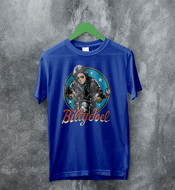 Billy Joel Retro Biker T-Shirt 80s Rock Legend Tee Motorcycle Billy Joel Shirt - Royal Blue - WorldWideShirt