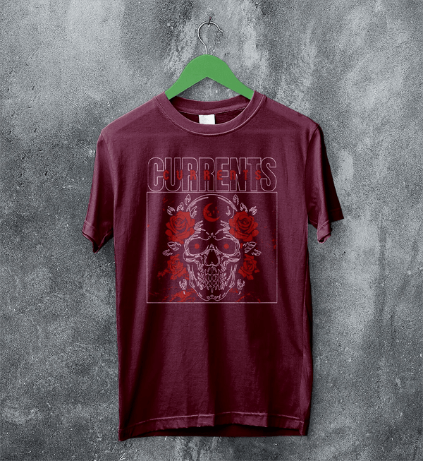 Currents T-Shirt Metalcore Currents Band Shirt Punk Skull Rose Tee - Red Maroon - WorldWideShirt