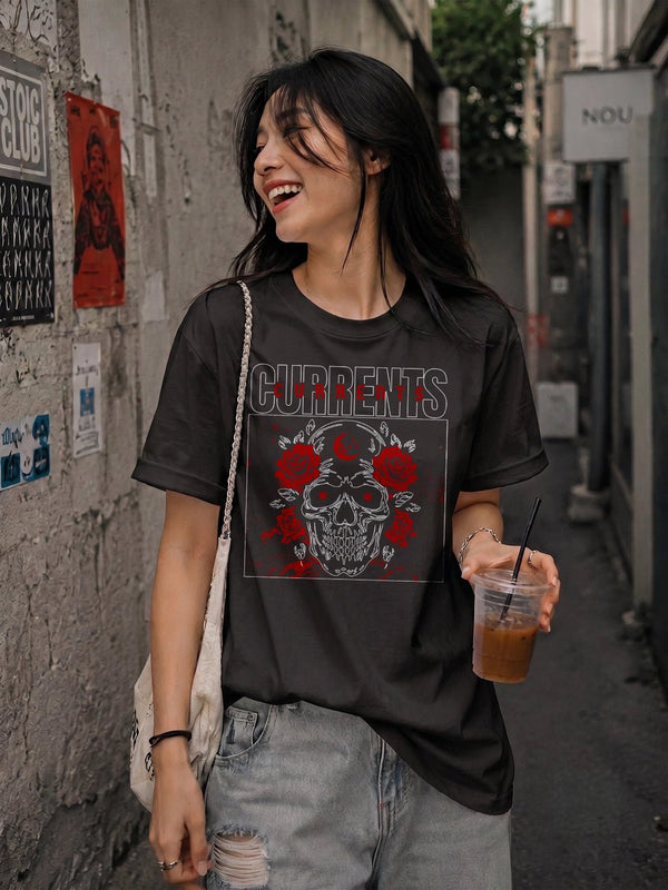 Currents T-Shirt Metalcore Currents Band Shirt Punk Skull Rose Tee - Black - WorldWideShirt