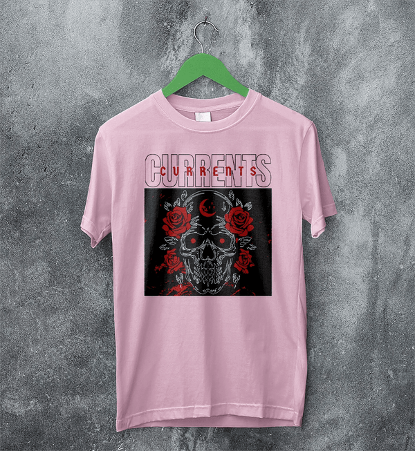 Currents T-Shirt Metalcore Currents Band Shirt Punk Skull Rose Tee - Light Pink - WorldWideShirt