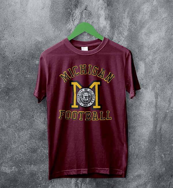 MICHIGAN University T-shirt Football Logo Shirt Michigan Football Merch - Red Maroon - WorldWideShirt