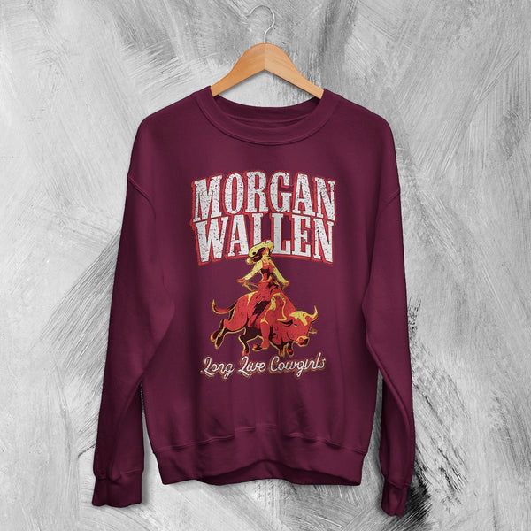 Morgan Wallen Sweatshirt Morgan Wallen Long Live Cowgirls Shirt Western Concert Crewneck - Red Maroon - WorldWideShirt