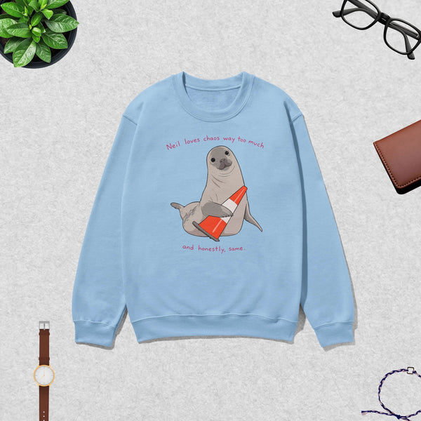Neil The Seal Sweatshirt Neil Loves Chaos Way Shirt Neil The Seal Viral Animal Crewneck - Blue - WorldWideShirt
