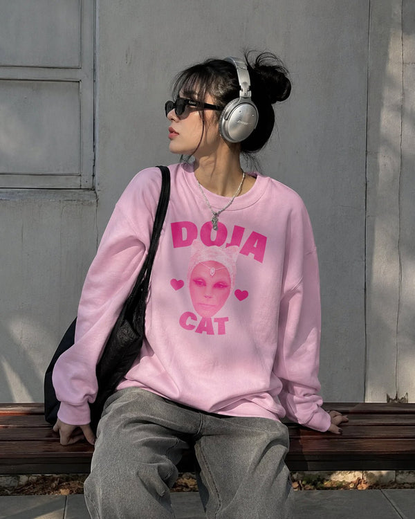 Retro Doja Cat Sweatshirt Rap Meme Face Doja Cat Shirt Pop Music Rapper Crewneck - Light Pink - WorldWideShirt
