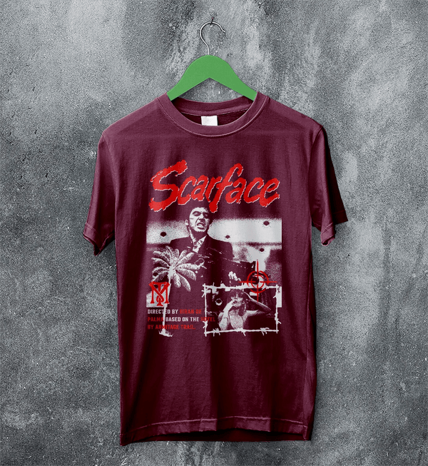Scarface Crime T-Shirt Vintage Scarface Movie Shirt Brian De Palma Tee - Red Maroon - WorldWideShirt