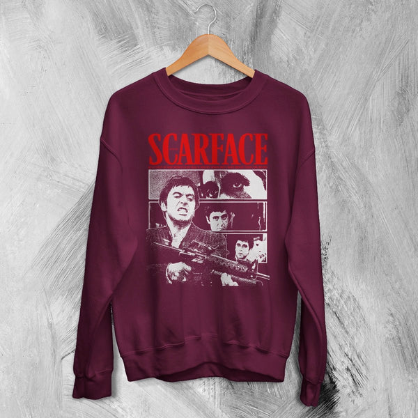 Scarface Tony Montana Sweatshirt Gangster Scarface Shirt Crime Movie Crewneck - Red Maroon - WorldWideShirt