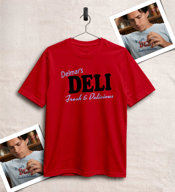 Spider Delmar Deli T-Shirt Superhero Local Queens Shirt Peter Spider Movie Wear - Red - WorldWideShirt