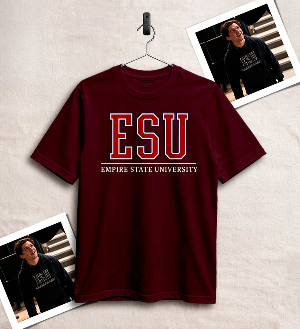 Spider Game T-Shirt ESU Suit Shirt Empire State University Merch The ESU Suit Tee - Red Maroon - WorldWideShirt