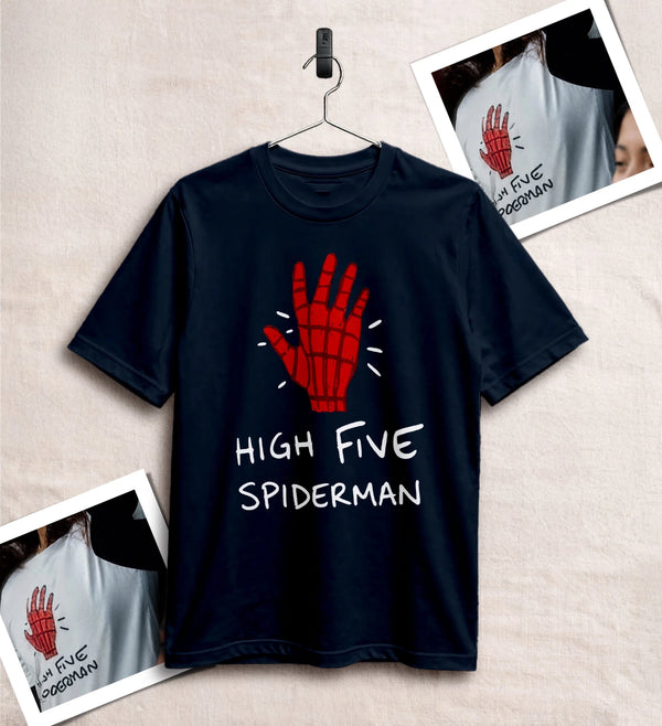 Spider High Five T-Shirt Spider Web Movie Shirt Spider Hero Tee - Navy Blue - WorldWideShirt